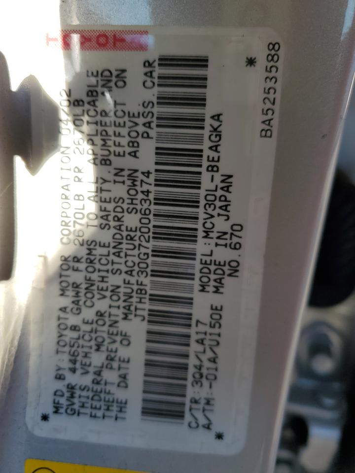 2002 Lexus ES VIN JTHBF30G720063474 Copart auction photo, front end damage thumbnail 12