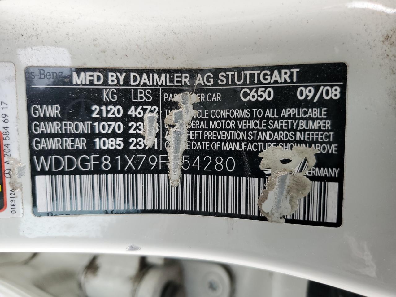 2009 Mercedes-Benz C-klasse VIN WDDGF81X79F254280 Copart auction photo, front end damage thumbnail 12