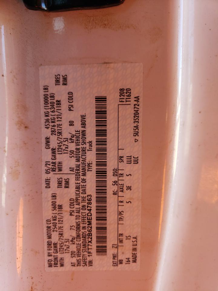 2021 Ford F250 VIN 1FT7X2B62MED47863 Copart auction photo, water/flood damage thumbnail 12