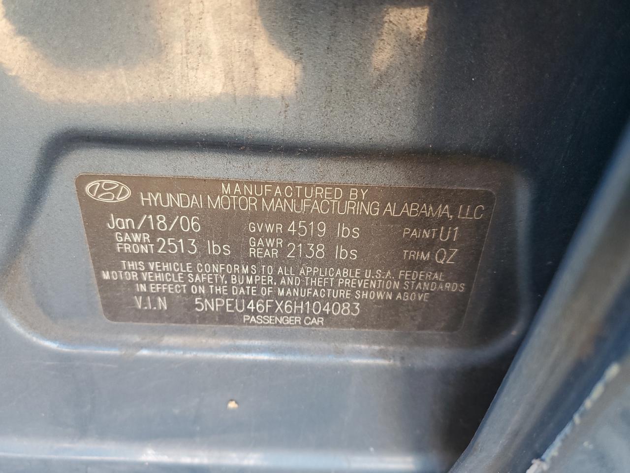 2006 Hyundai Sonata VIN 5NPEU46FX6H104083 Copart auction photo, front end / side damage thumbnail 12