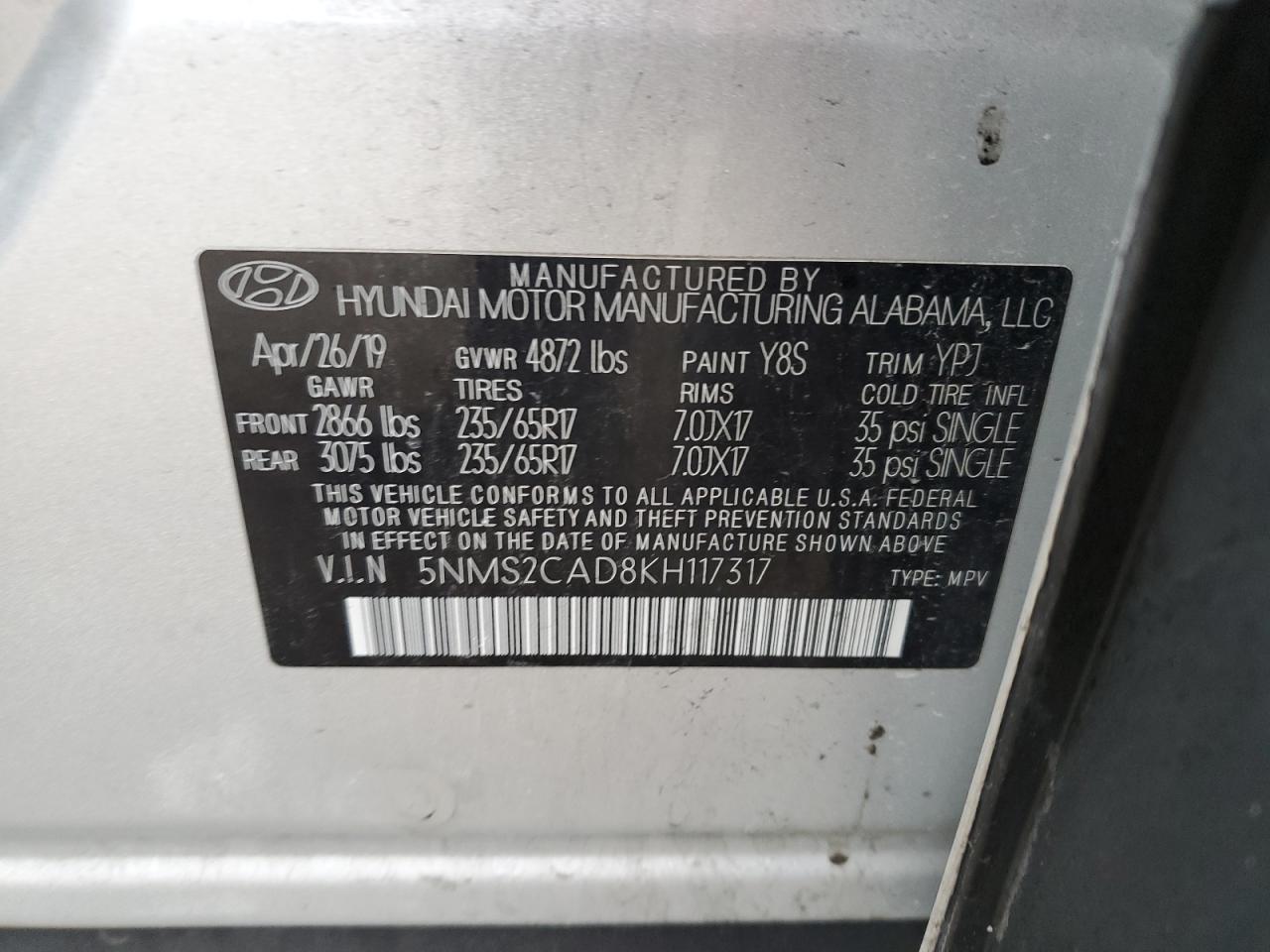 2019 Hyundai Santa Fe VIN 5NMS2CAD8KH117317 Copart auction photo, side / front end damage thumbnail 13