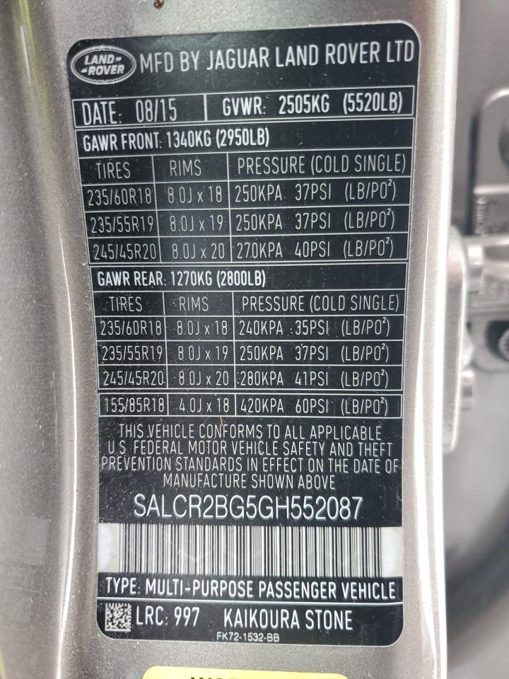 2016 Land Rover Discovery VIN SALCR2BG5GH552087 Copart auction photo, front end / mechanical damage thumbnail 15