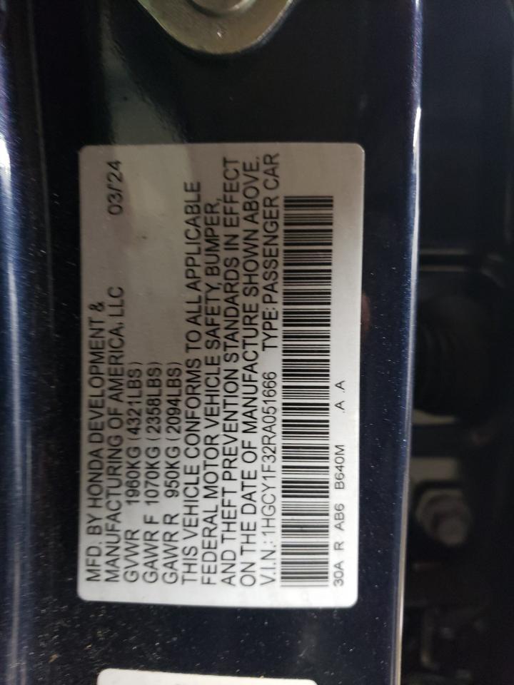 2024 Honda Accord VIN 1HGCY1F32RA051666 Copart auction photo, rear end damage thumbnail 12