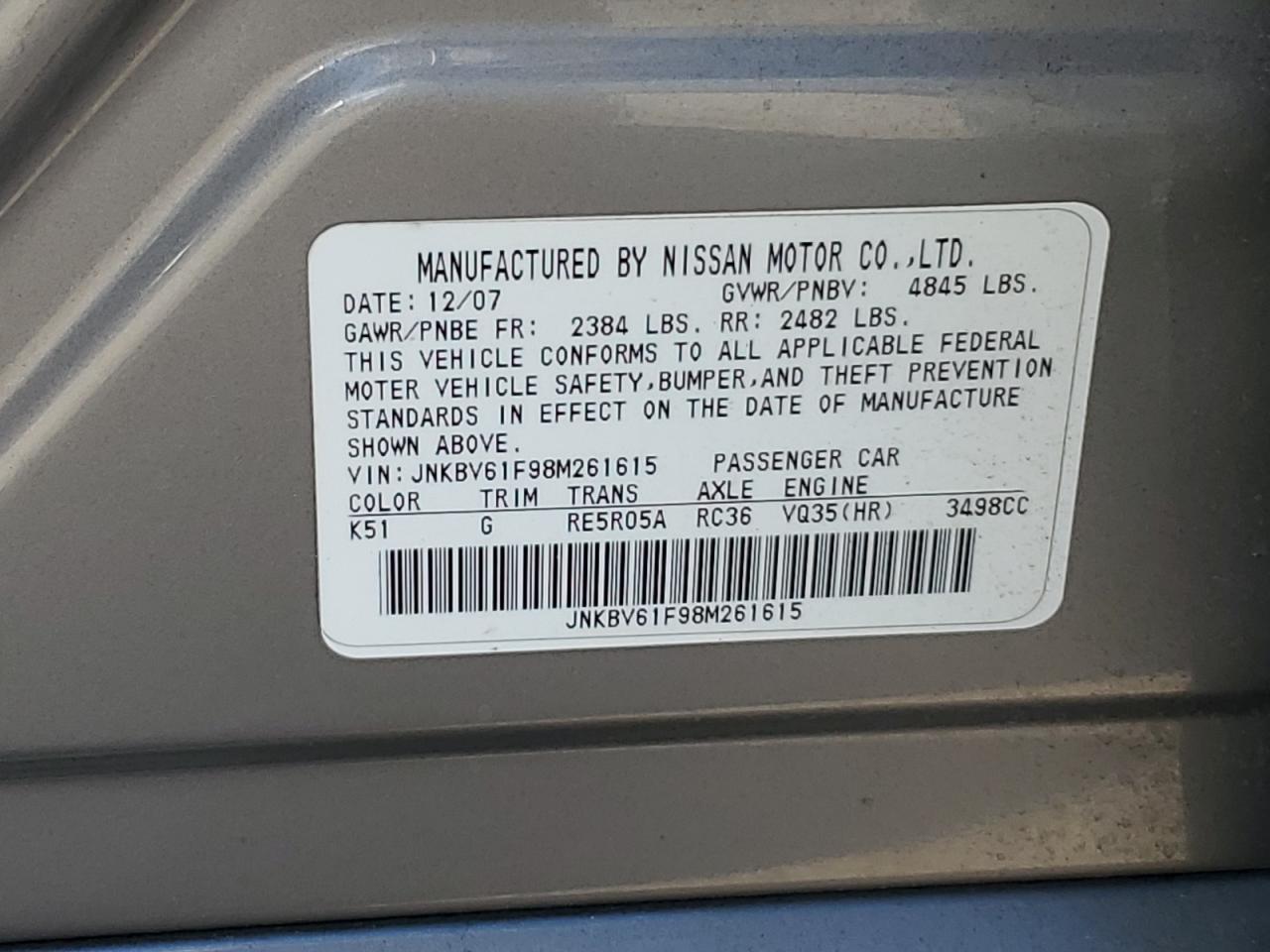 2008 Infiniti G VIN JNKBV61F98M261615 Copart auction photo, front end / minor dent/scratches damage thumbnail 12