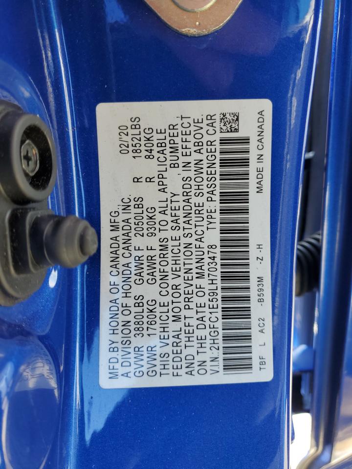 2020 Honda Civic VIN 2HGFC1E59LH703478 Copart auction photo, rear end damage thumbnail 12