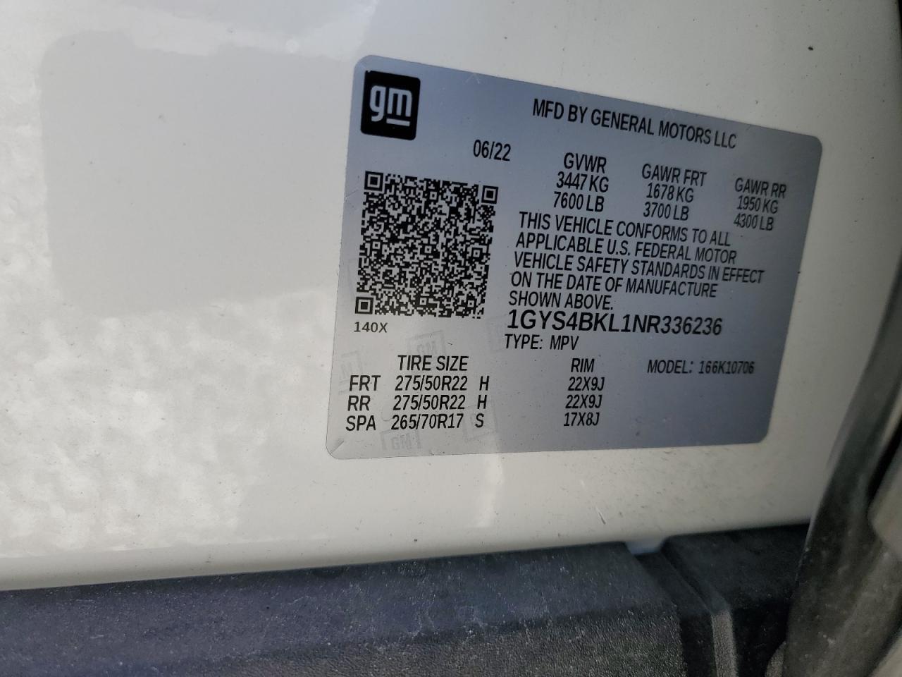 2022 Cadillac Escalade VIN 1GYS4BKL1NR336236 Copart auction photo, front end / minor dent/scratches damage thumbnail 13