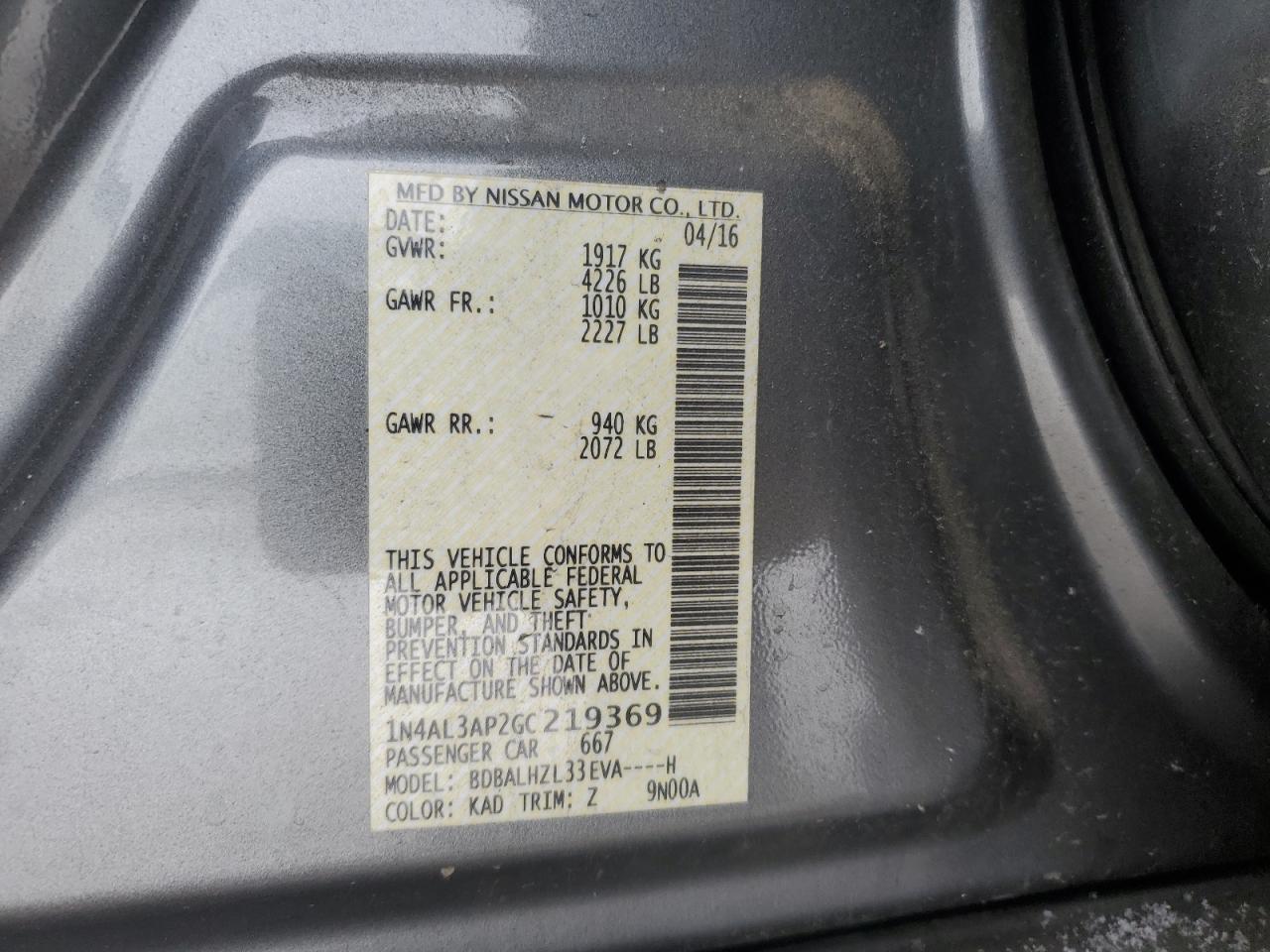 2016 Nissan Altima VIN 1N4AL3AP2GC219369 Copart auction photo, front end damage thumbnail 14