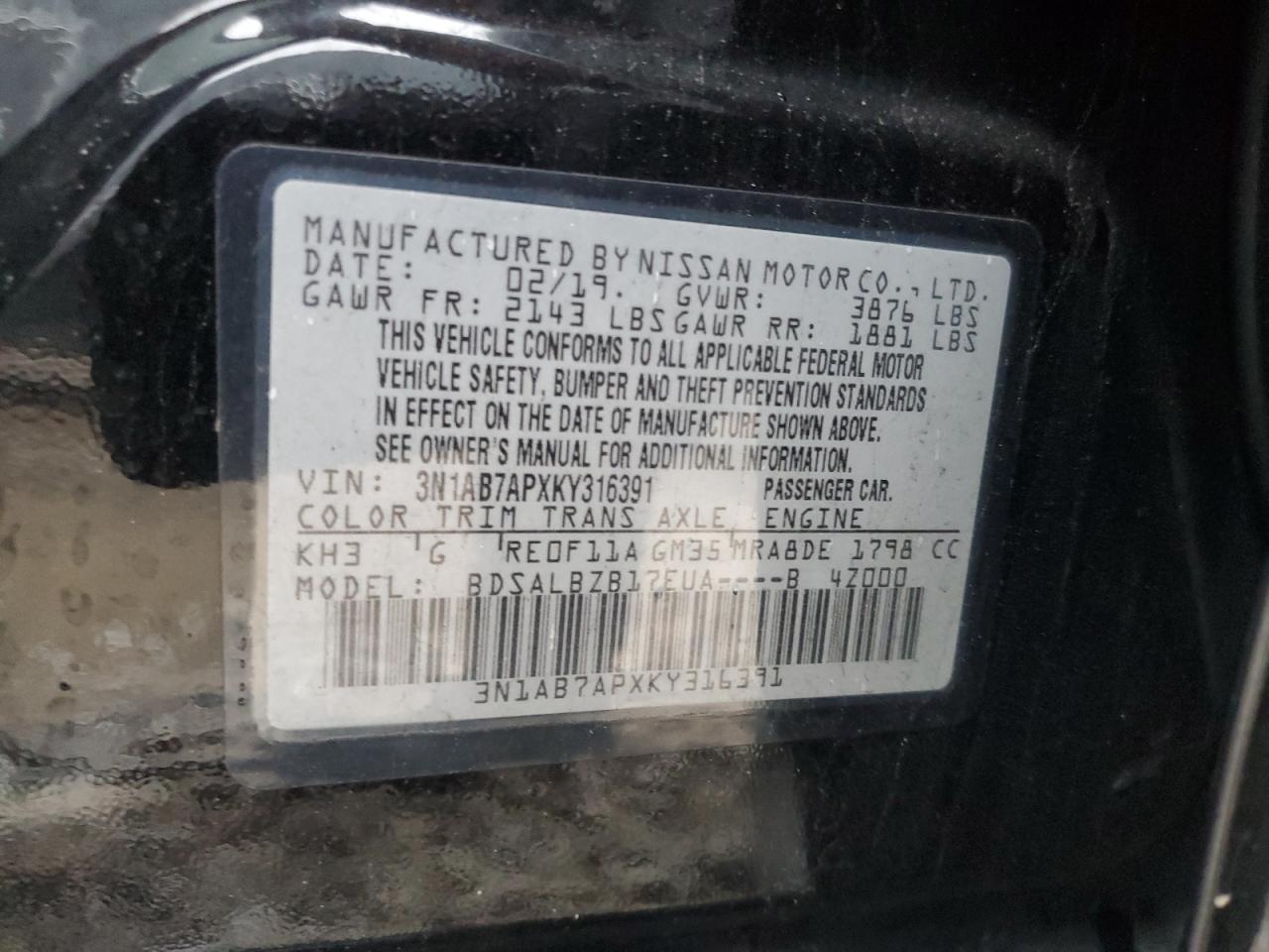 2019 Nissan Sentra VIN 3N1AB7APXKY316391 Copart auction photo, front end / mechanical damage thumbnail 14