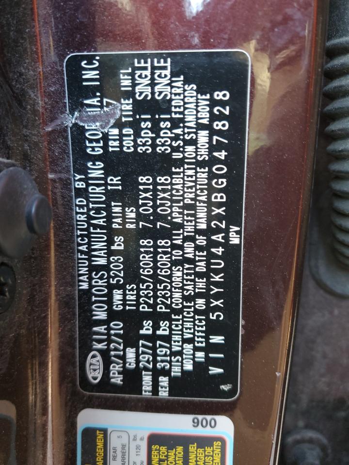 2011 KIA Sorento VIN 5XYKU4A2XBG047828 Copart auction photo, front end / side damage thumbnail 13
