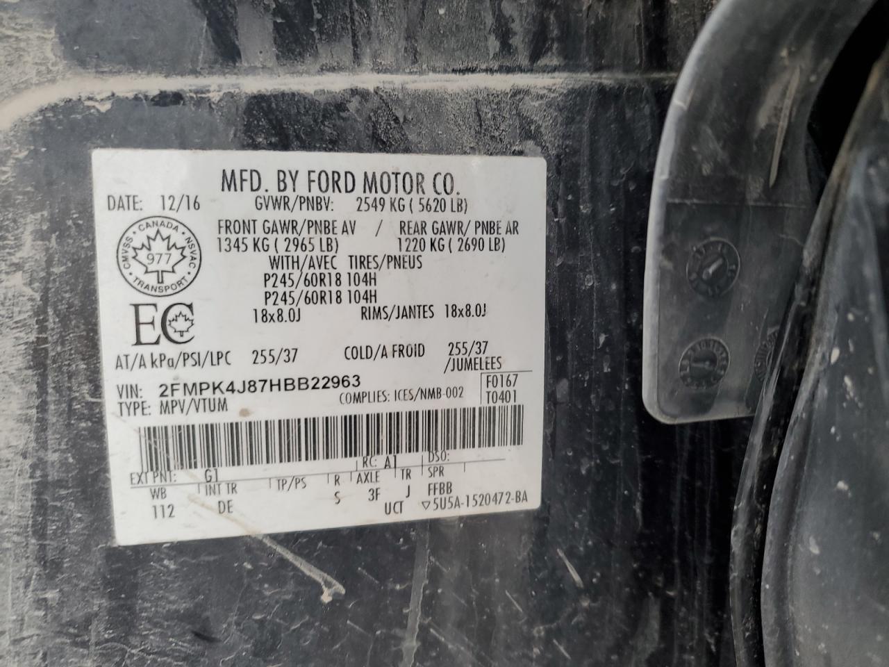 2017 Ford Edge VIN 2FMPK4J87HBB22963 Copart auction photo, front end damage thumbnail 14