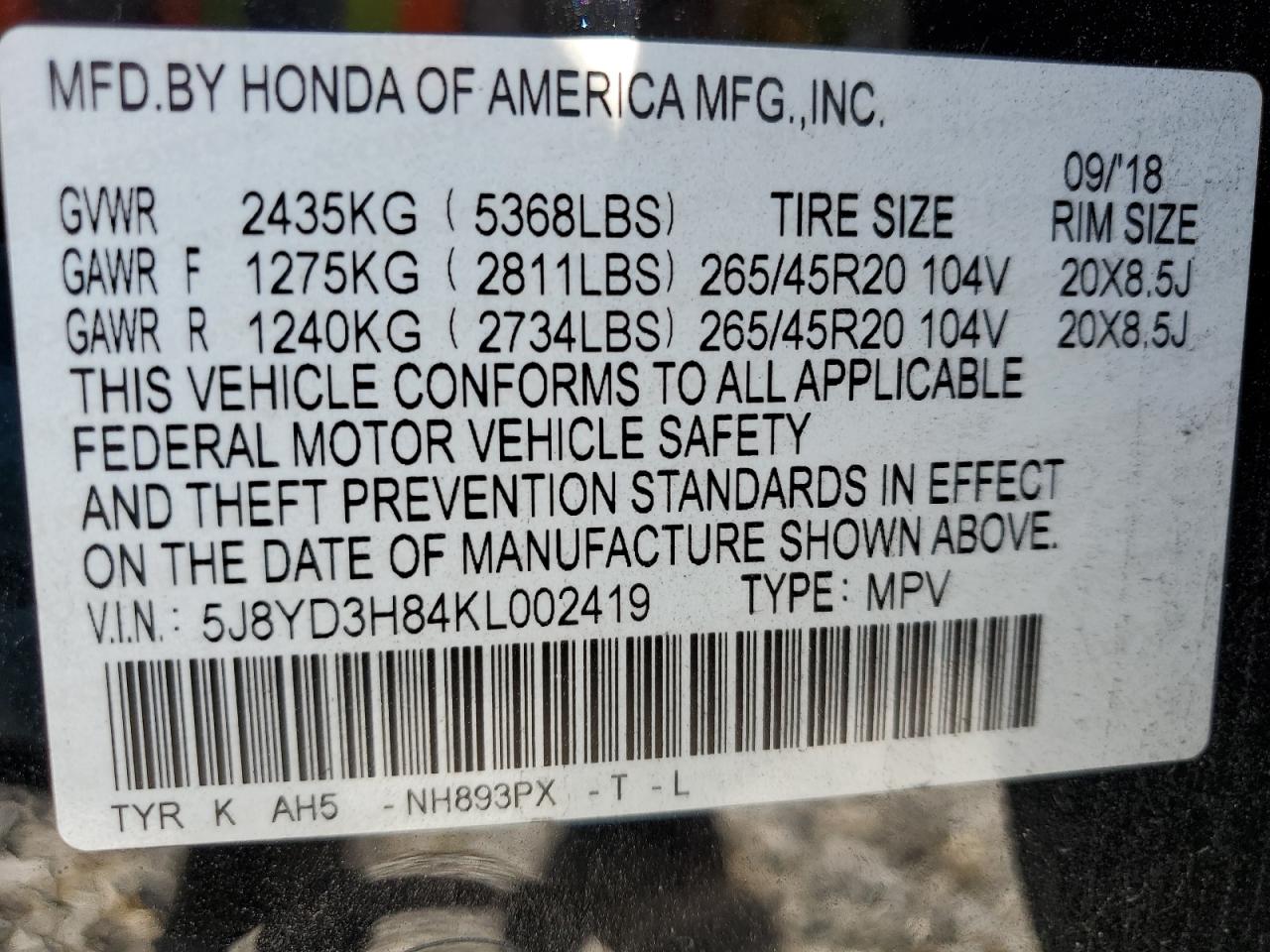 2019 Acura MDX VIN 5J8YD3H84KL002419 Copart auction photo, rear end damage thumbnail 14