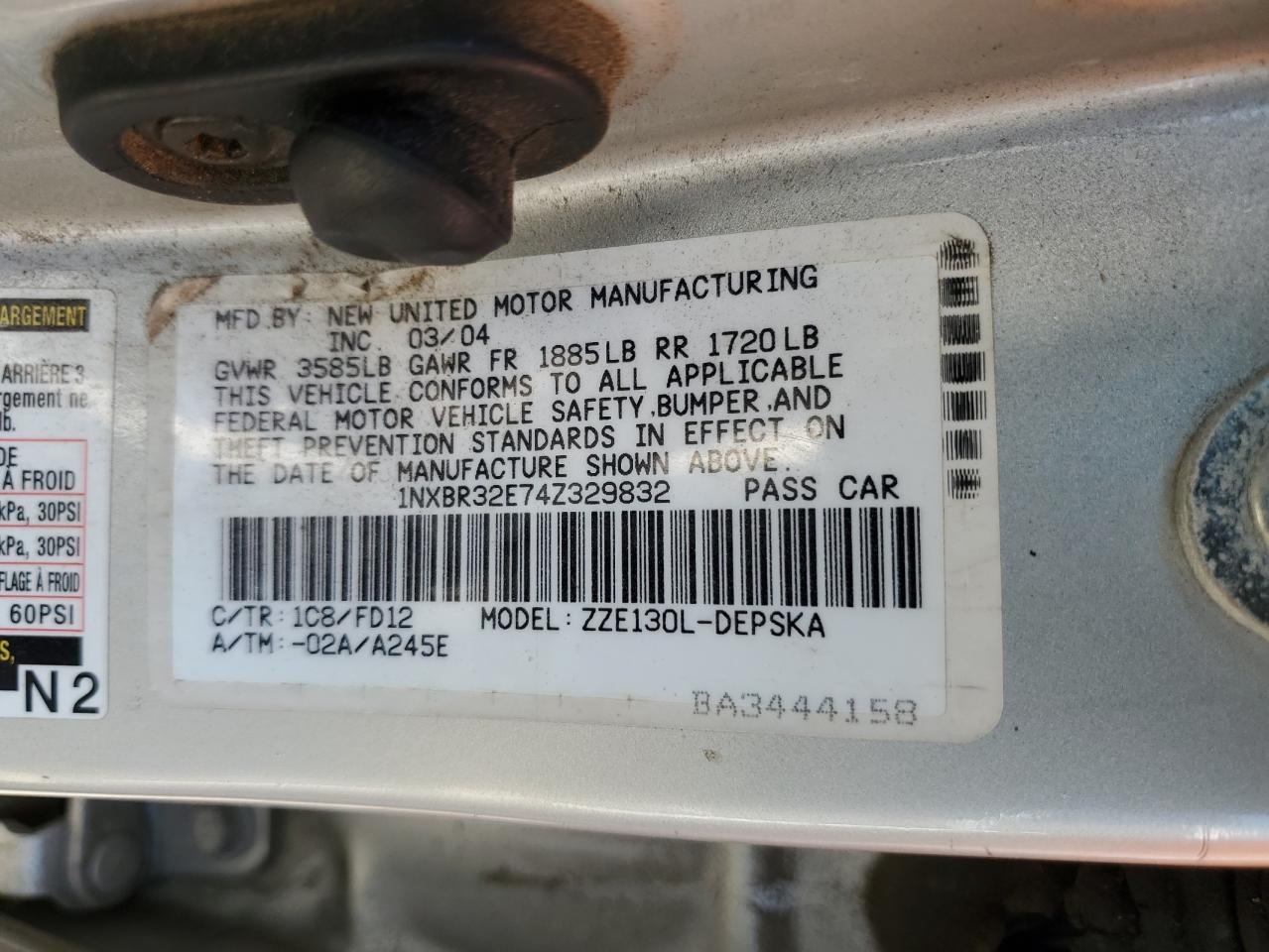 2004 Toyota Corolla VIN 1NXBR32E74Z329832 Copart auction photo, side damage thumbnail 12