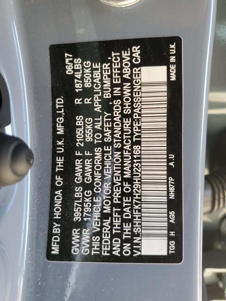2017 Honda Civic VIN SHHFK7H29HU231168 Copart auction photo, front end damage thumbnail 12