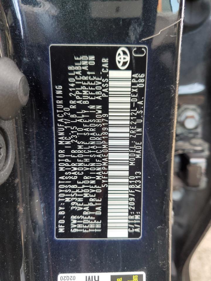 2021 Toyota Corolla VIN 5YFEPMAE0MP189179 Copart auction photo, rear end damage thumbnail 12