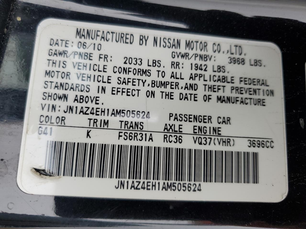 2010 Nissan 370Z VIN JN1AZ4EH1AM505624 Copart auction photo, front end damage thumbnail 12
