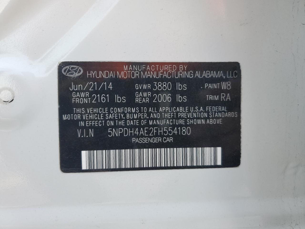 2015 Hyundai Elantra VIN 5NPDH4AE2FH554180 Copart auction photo, front end damage thumbnail 12