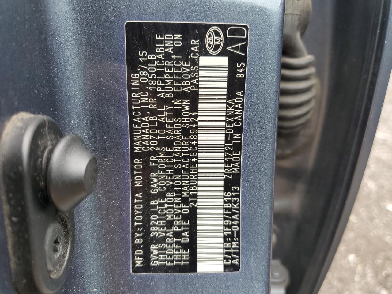 2016 Toyota Corolla VIN 2T1BURHE4GC489424 Copart auction photo, side damage thumbnail 12