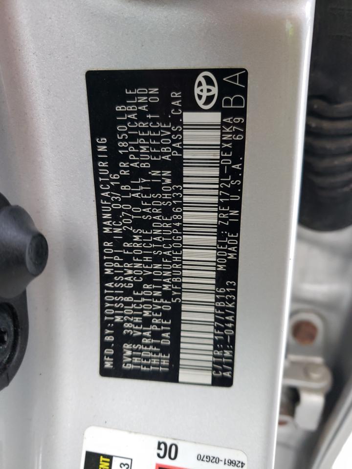 2016 Toyota Corolla VIN 5YFBURHE0GP486133 Copart auction photo, front end damage thumbnail 15