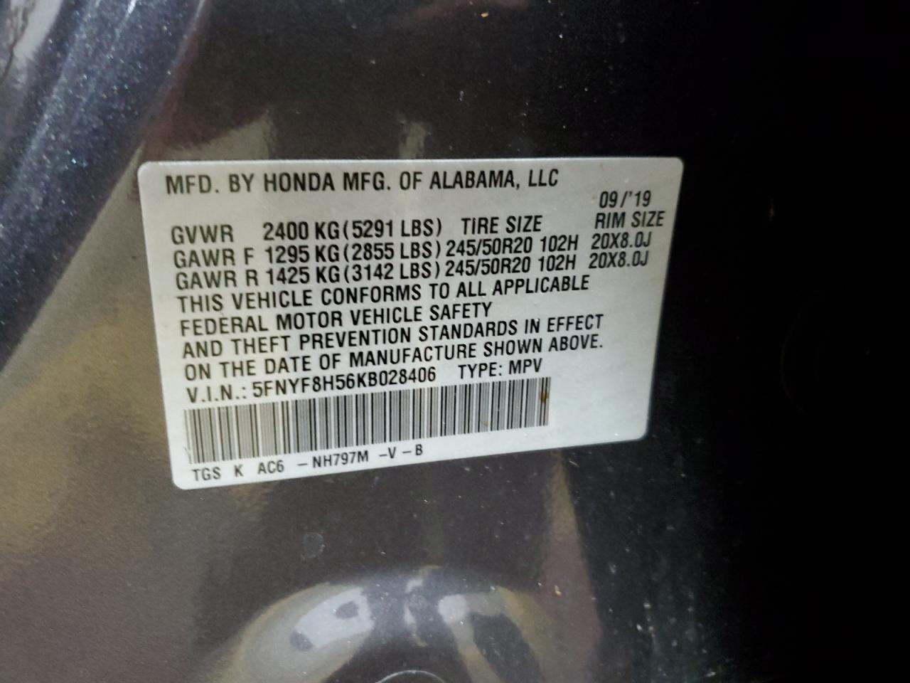 2019 Honda Passport VIN 5FNYF8H56KB028406 Copart auction photo, front end / side damage thumbnail 13