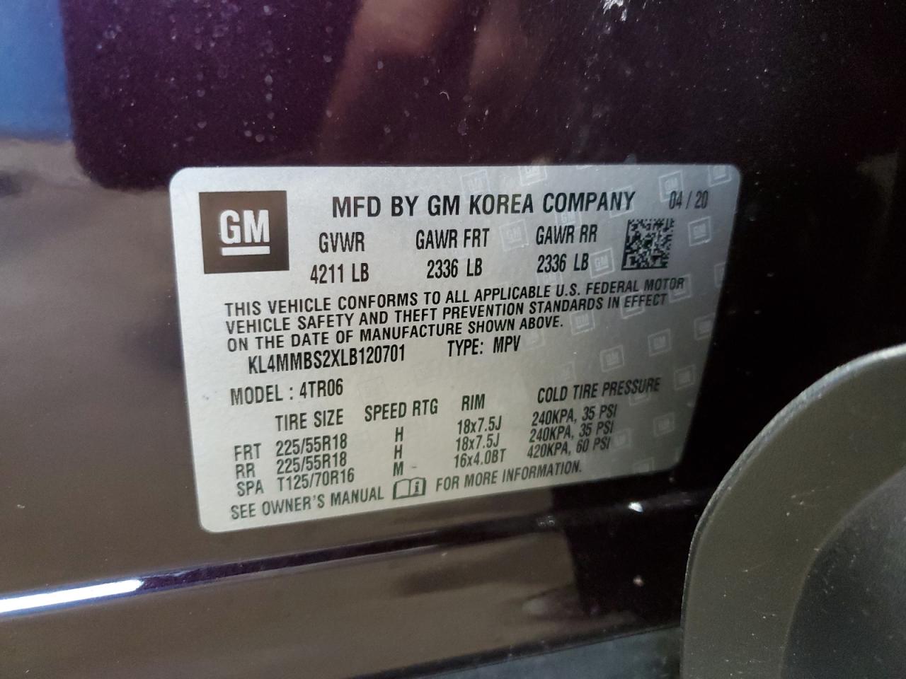 2020 Buick Encore VIN KL4MMBS2XLB120701 Copart auction photo, top/roof / front end damage thumbnail 13