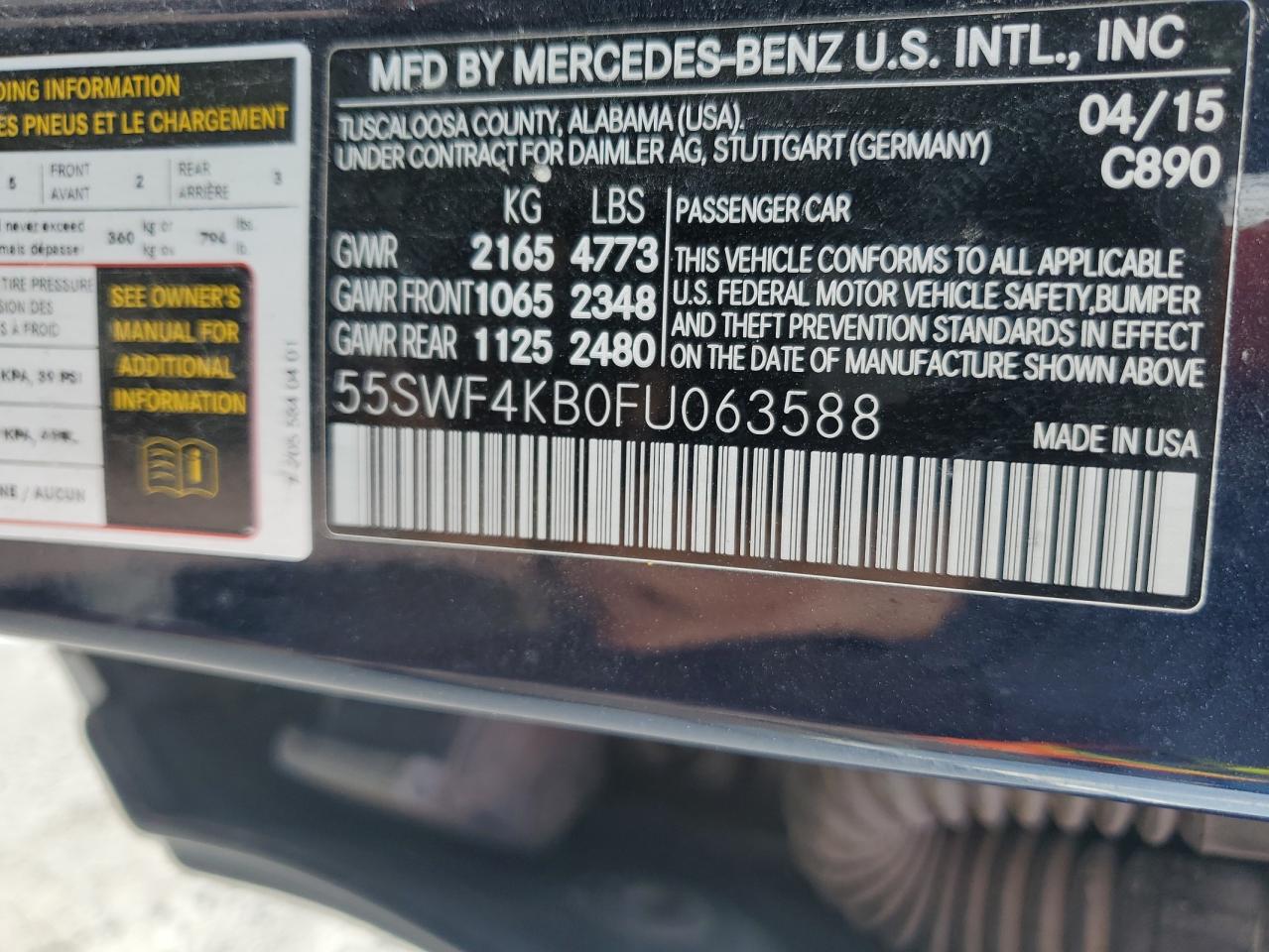 2015 Mercedes-Benz C-klasse VIN 55SWF4KB0FU063588 Copart auction photo, rear end damage thumbnail 12