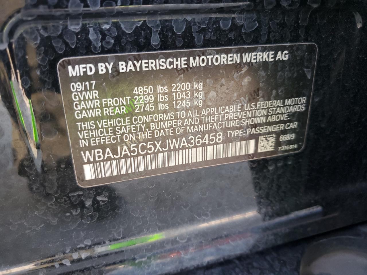 2018 BMW 5er VIN WBAJA5C5XJWA36458 Copart auction photo, rear end / side damage thumbnail 12