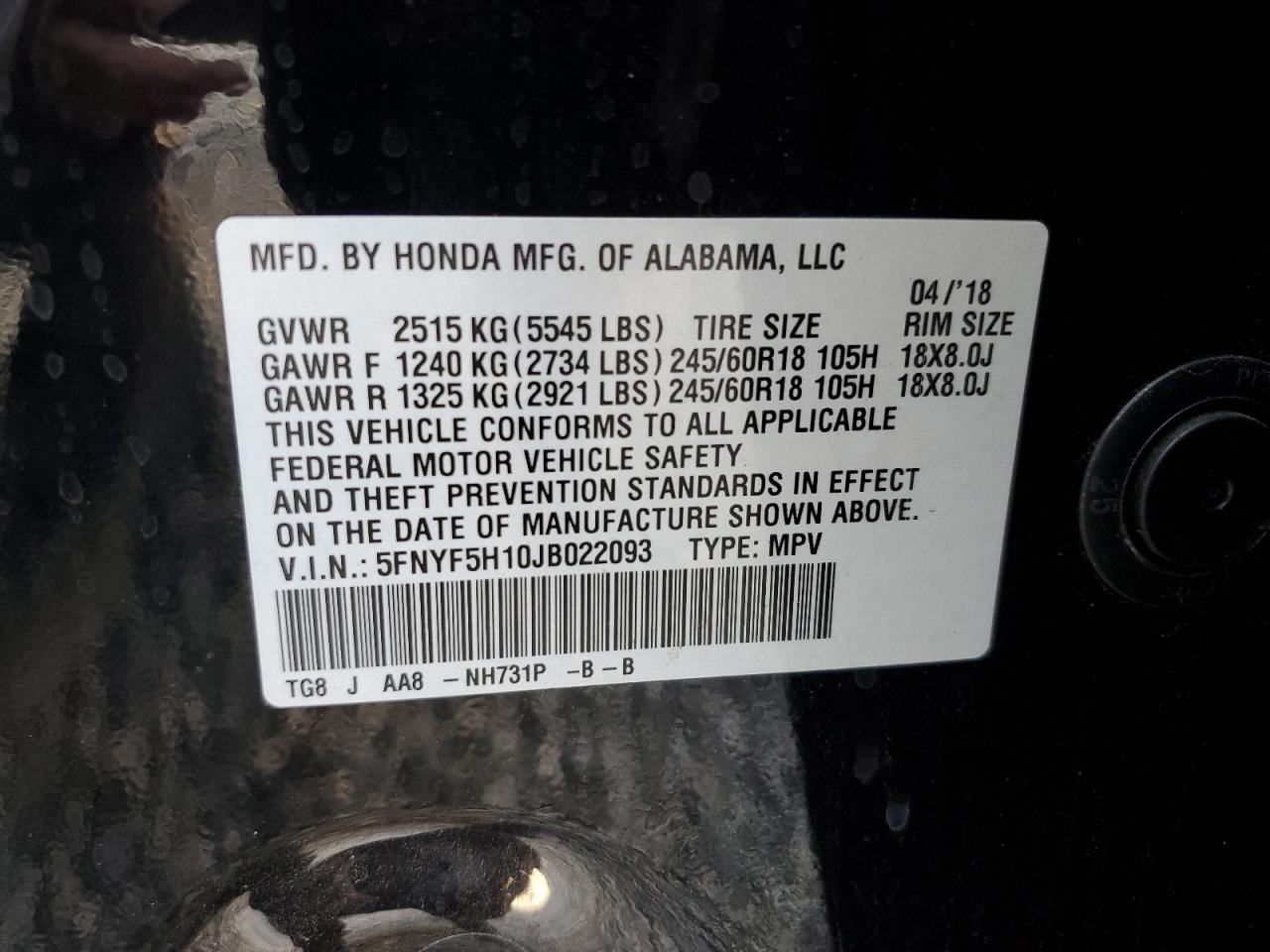 2018 Honda Pilot VIN 5FNYF5H10JB022093 Copart auction photo, front end damage thumbnail 13