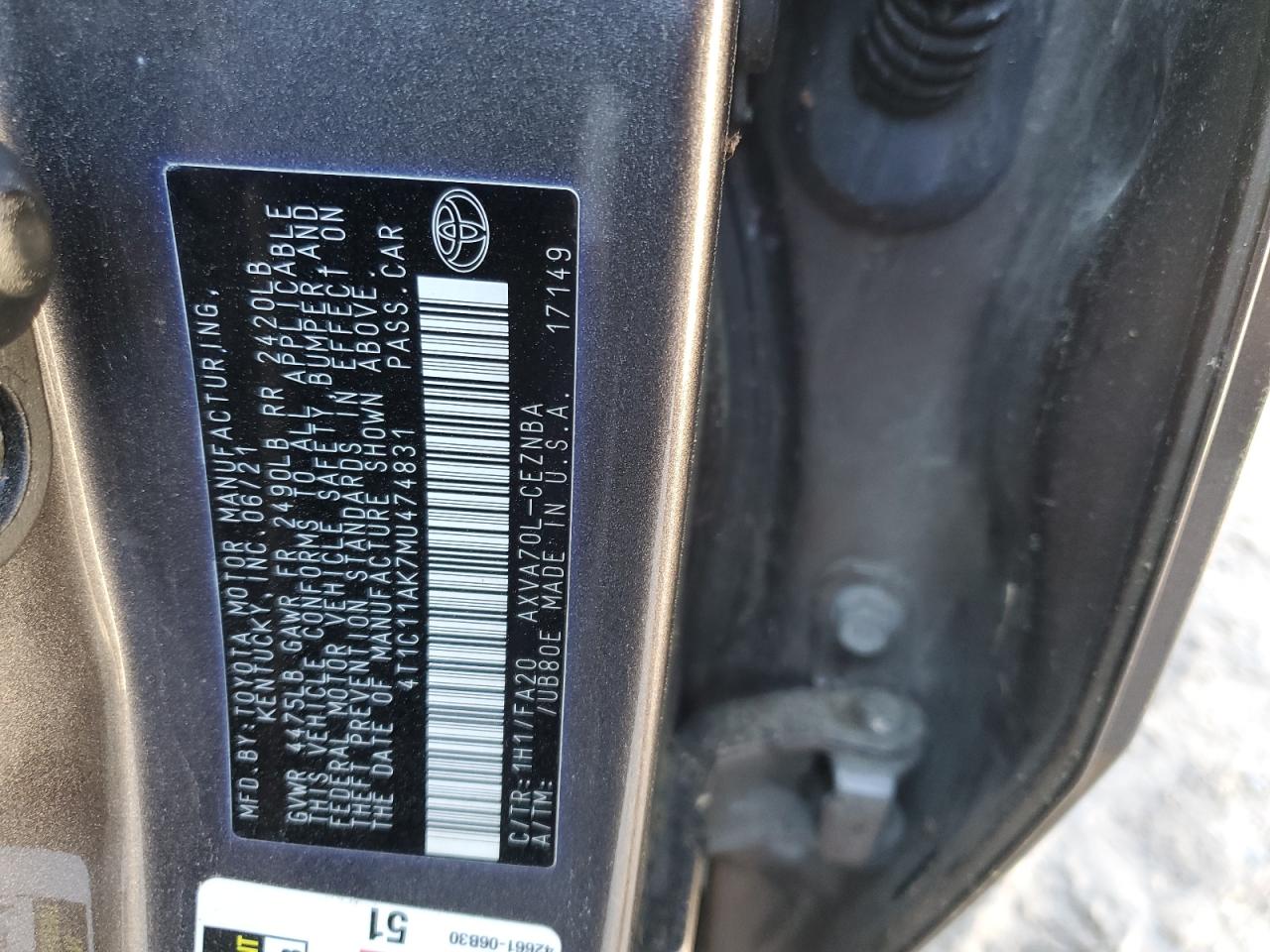 2021 Toyota Camry VIN 4T1C11AK7MU474831 Copart auction photo, front end damage thumbnail 12