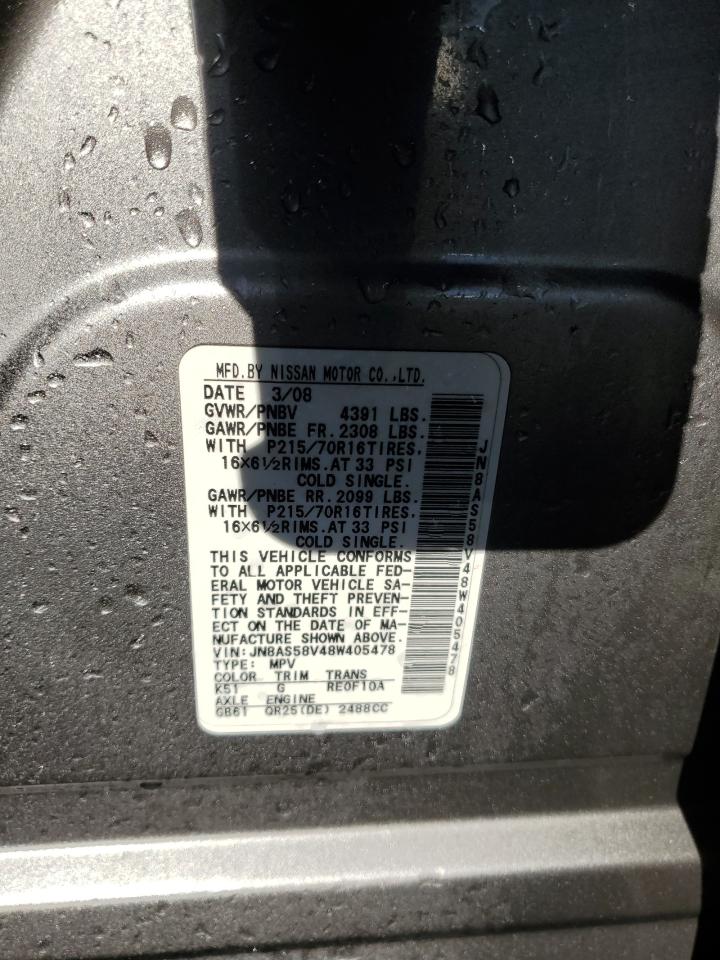2008 Nissan Rogue VIN JN8AS58V48W405478 Copart auction photo, front end / hail damage thumbnail 13