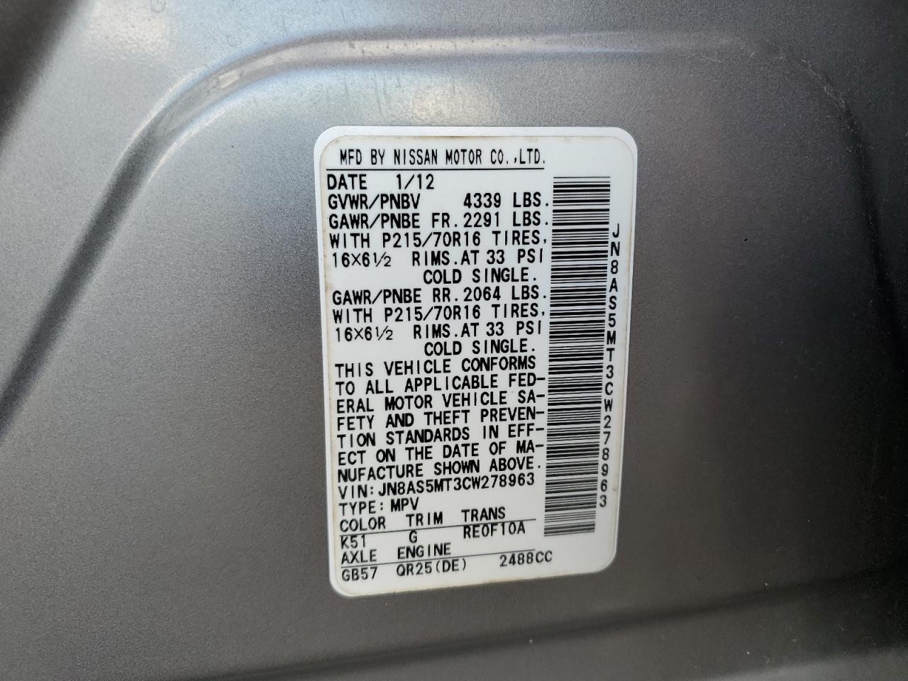 2012 Nissan Rogue VIN JN8AS5MT3CW278963 Copart auction photo, undercarriage / front end damage thumbnail 13