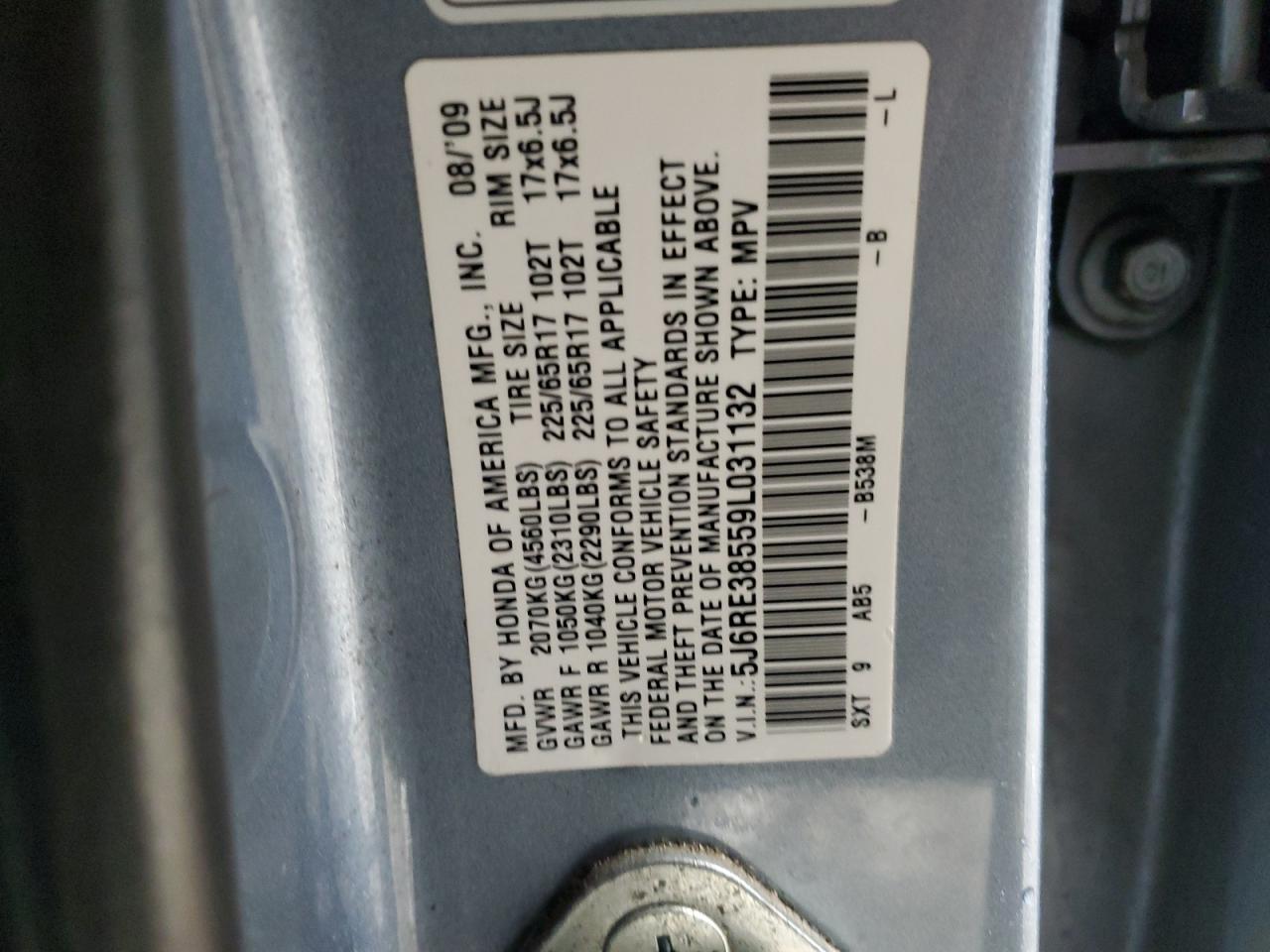 2009 Honda CR-V VIN 5J6RE38559L031132 Copart auction photo, front end damage thumbnail 16