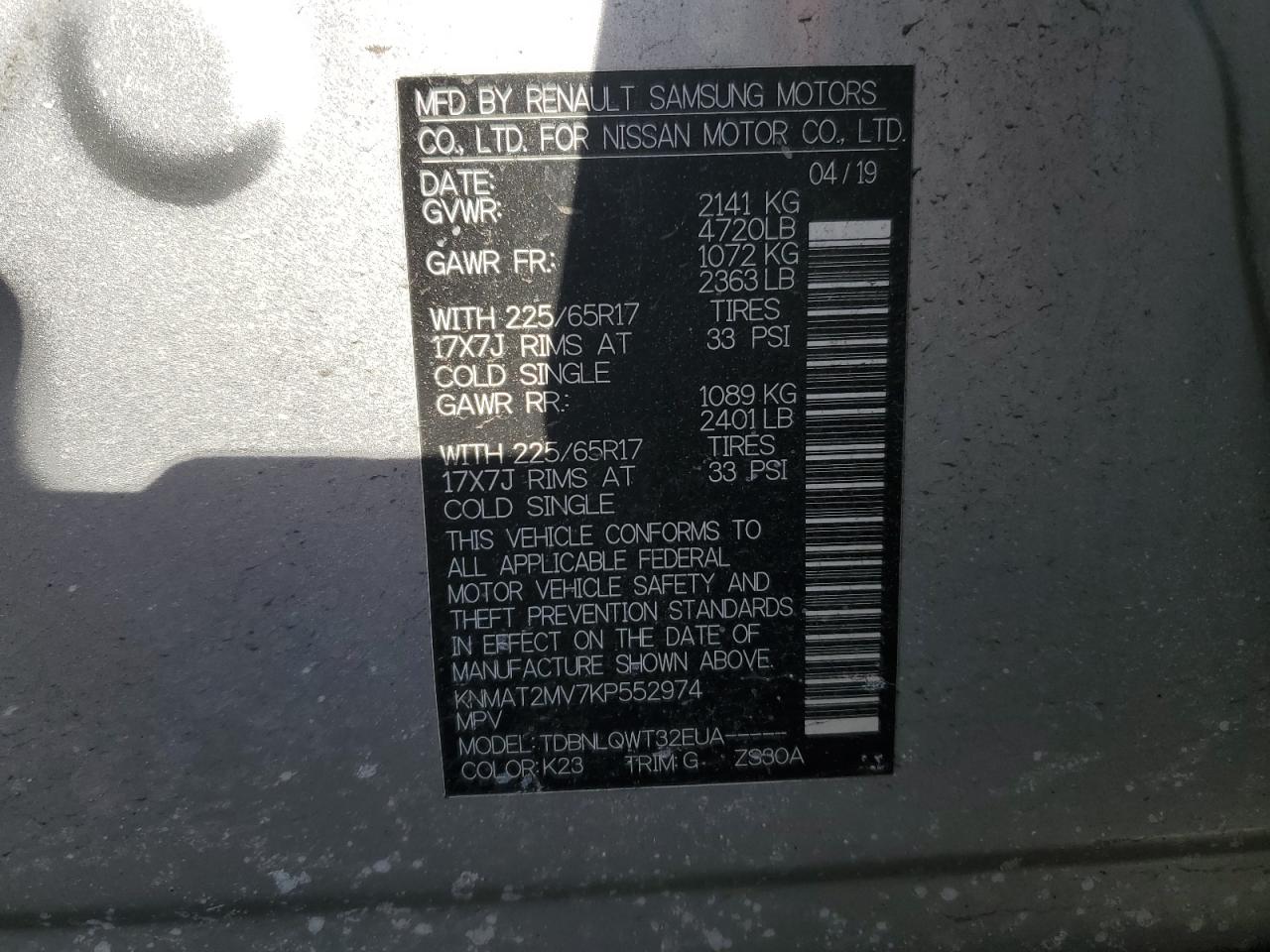 2019 Nissan Rogue VIN KNMAT2MV7KP552974 Copart auction photo, front end damage thumbnail 14