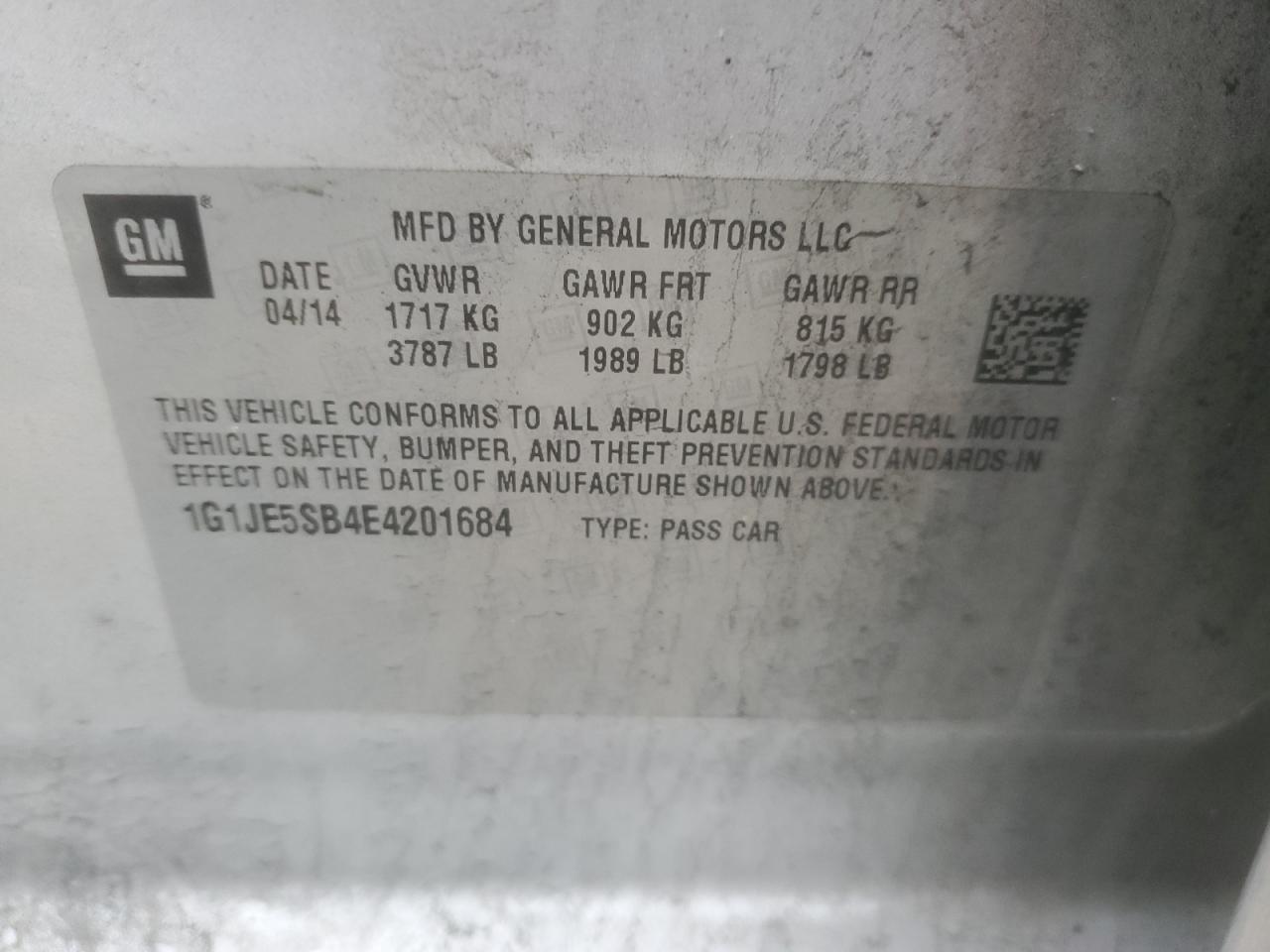 2014 Chevrolet Sonic VIN 1G1JE5SB4E4201684 Copart auction photo, rear end / front end damage thumbnail 14