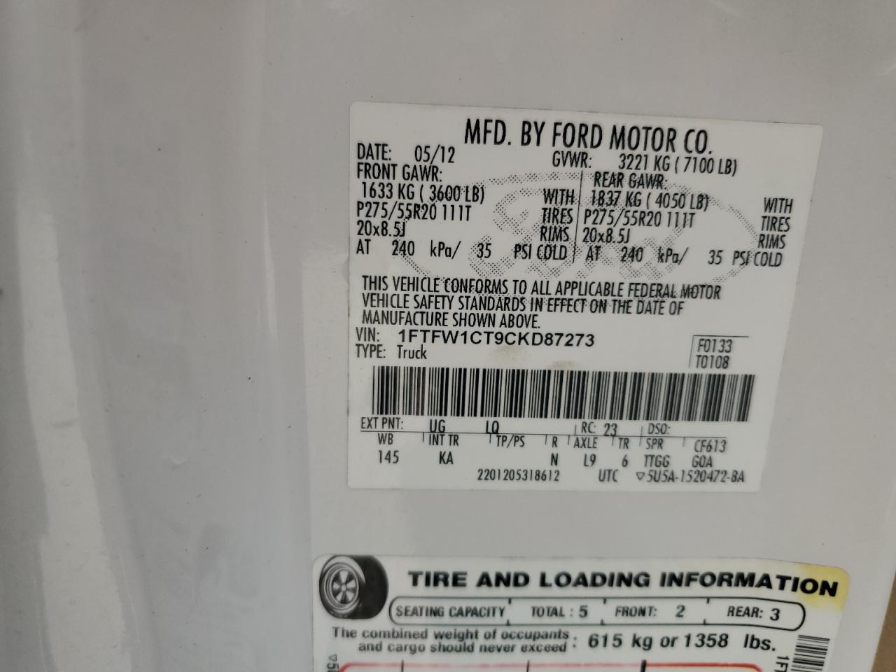 2012 Ford F-150 VIN 1FTFW1CT9CKD87273 Copart auction photo, rear end damage thumbnail 12