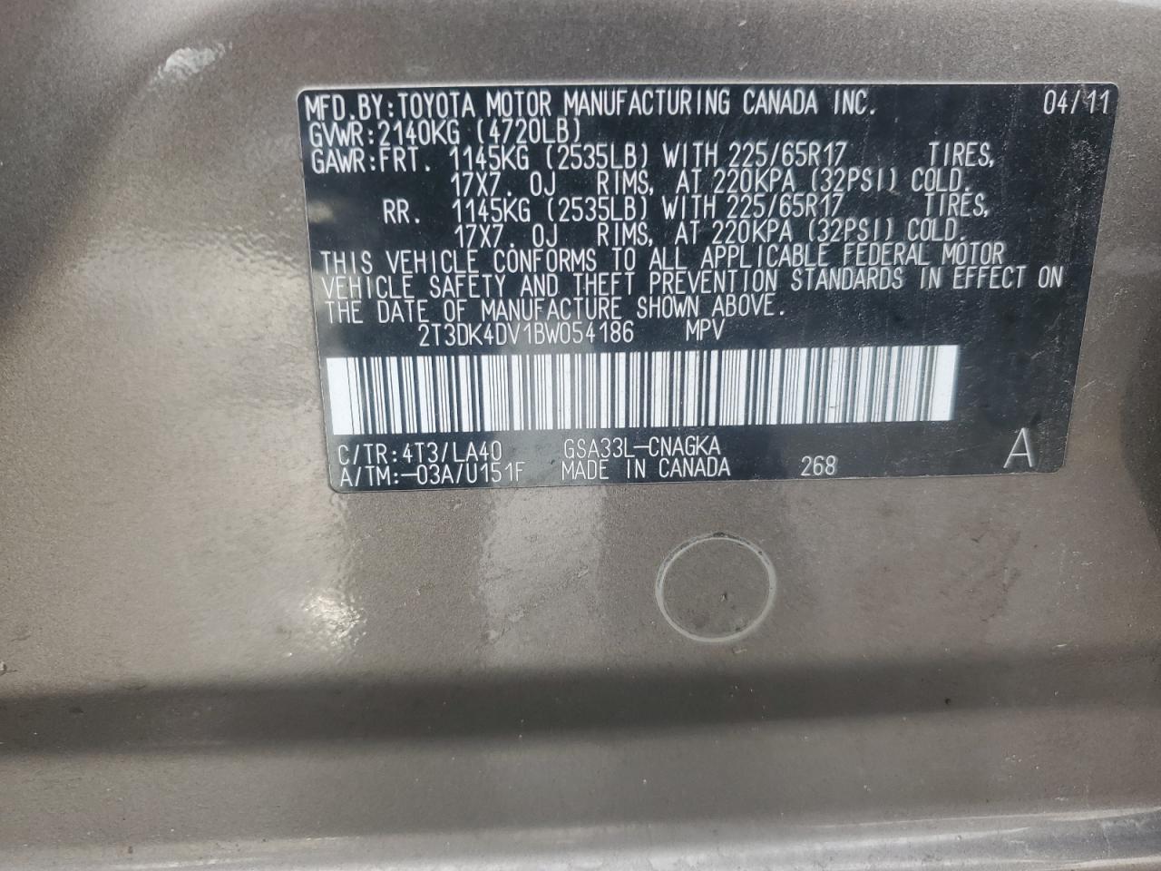 2011 Toyota RAV 4 VIN 2T3DK4DV1BW054186 Copart auction photo, all over damage thumbnail 13