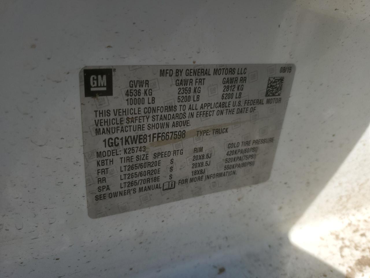 2015 Chevrolet Silverado VIN 1GC1KWE81FF667598 Copart auction photo, all over damage thumbnail 14