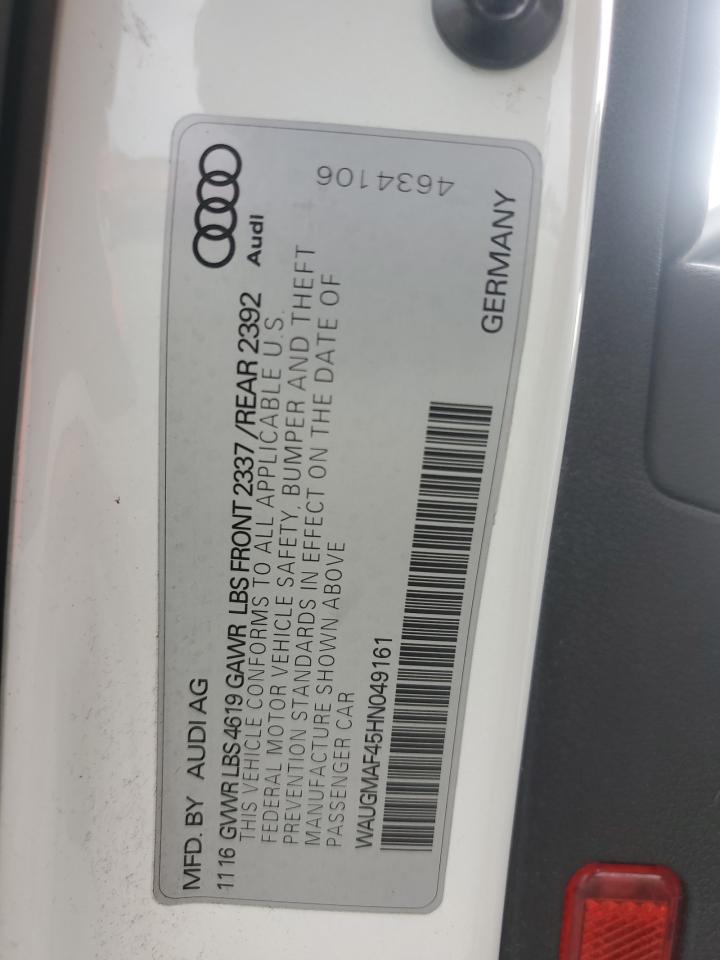2017 Audi A4 VIN WAUGMAF45HN049161 Copart auction photo, front end / side damage thumbnail 14
