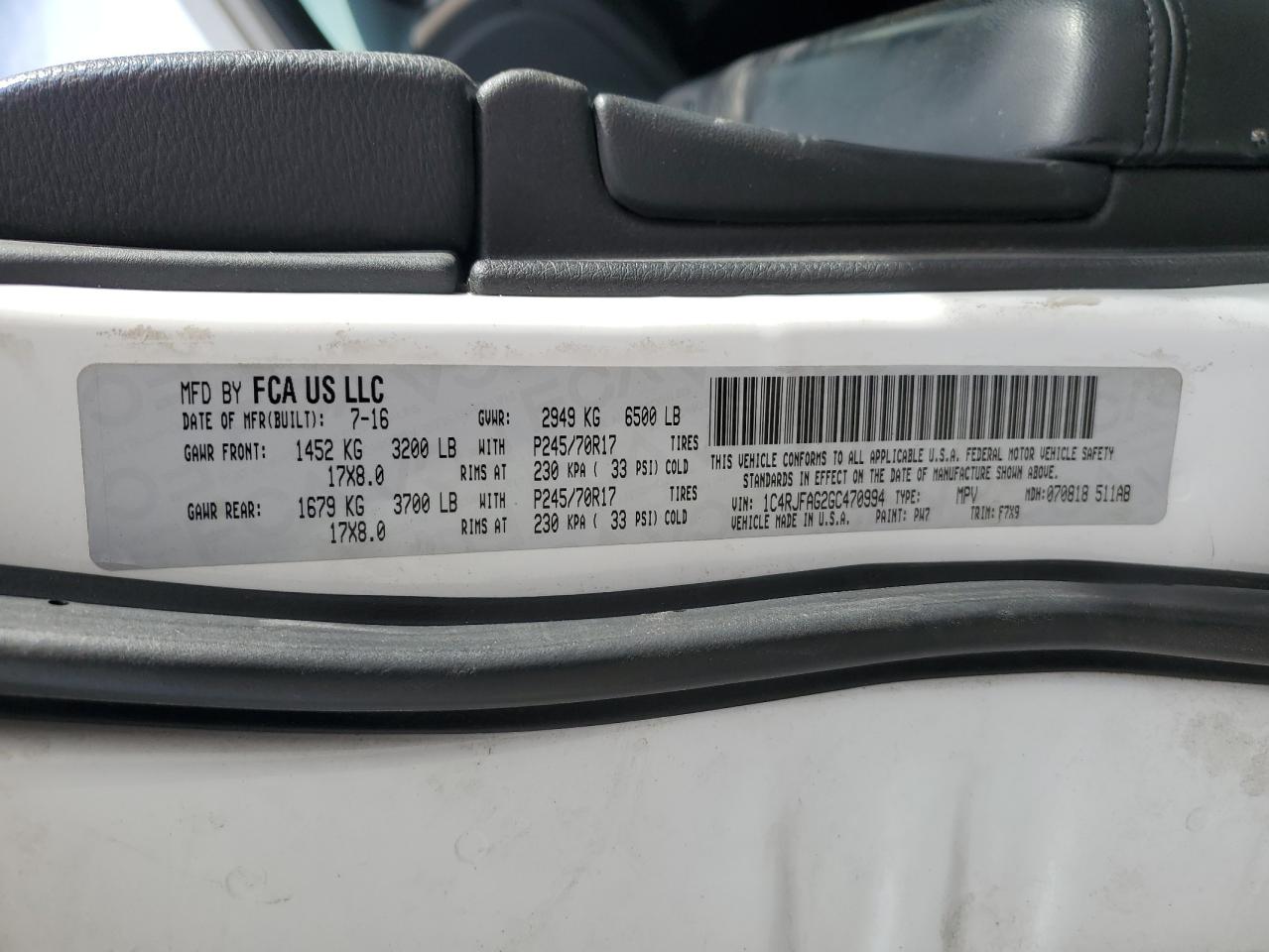 2016 Jeep Grand Cherokee VIN 1C4RJFAG2GC470994 Copart auction photo, all over damage thumbnail 14