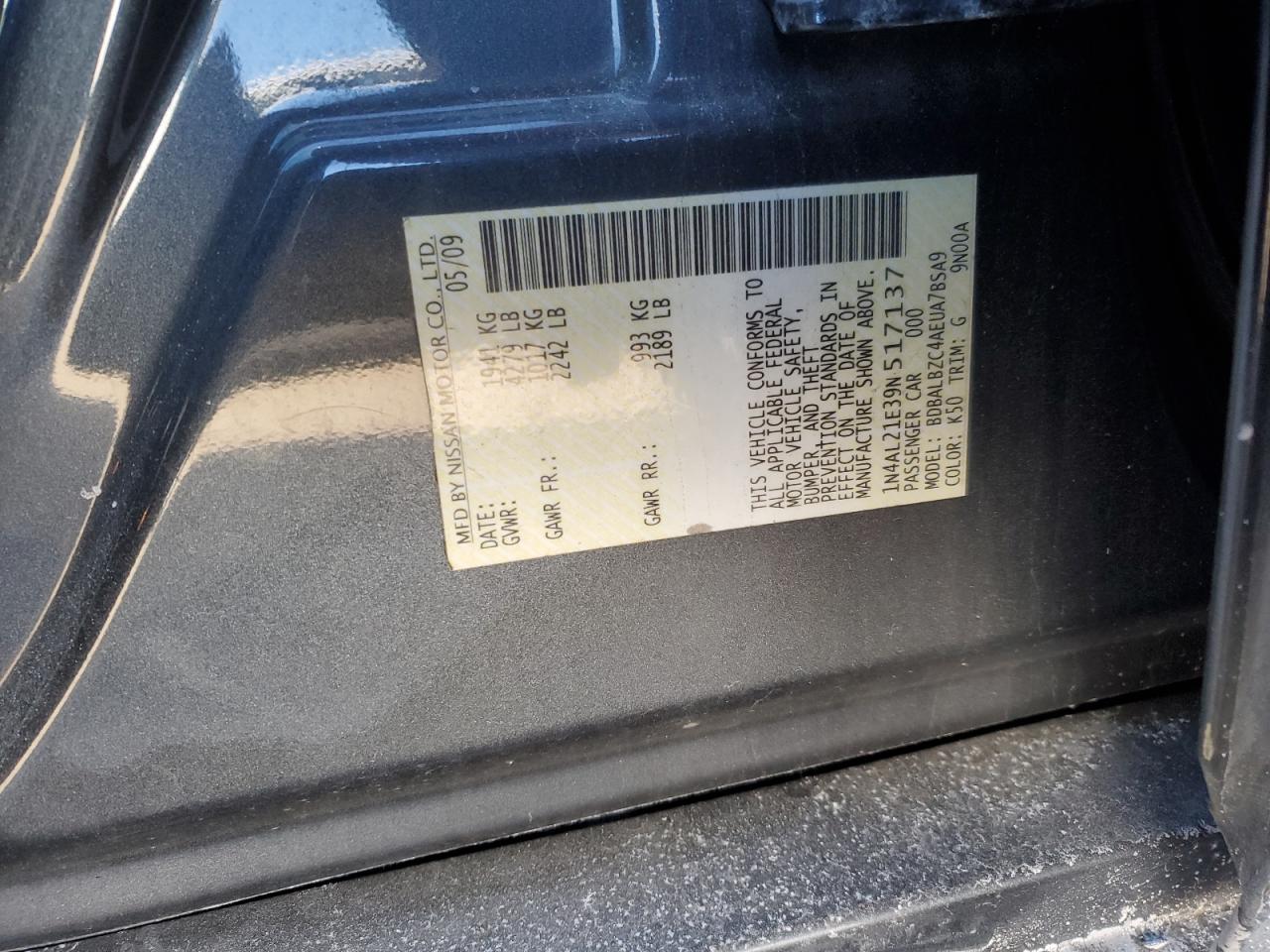 2009 Nissan Altima VIN 1N4AL21E39N517137 Copart auction photo, front end / mechanical damage thumbnail 14