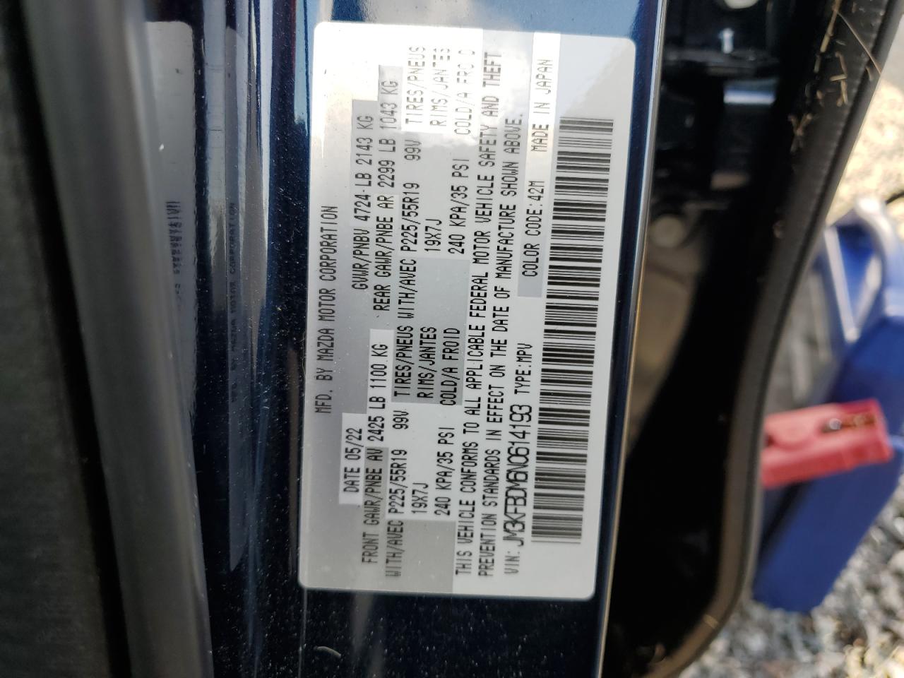 2022 Mazda CX-5 VIN JM3KFBDM6N0614193 Copart auction photo, water/flood damage thumbnail 14