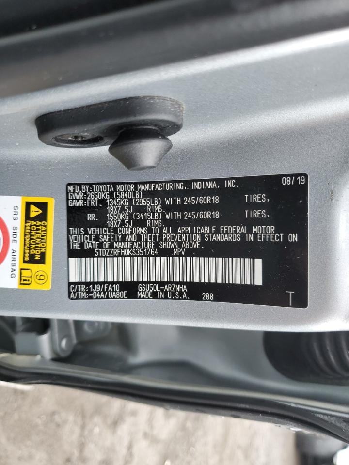 2019 Toyota Highlander VIN 5TDZZRFH0KS351764 Copart auction photo, side / front end damage thumbnail 16
