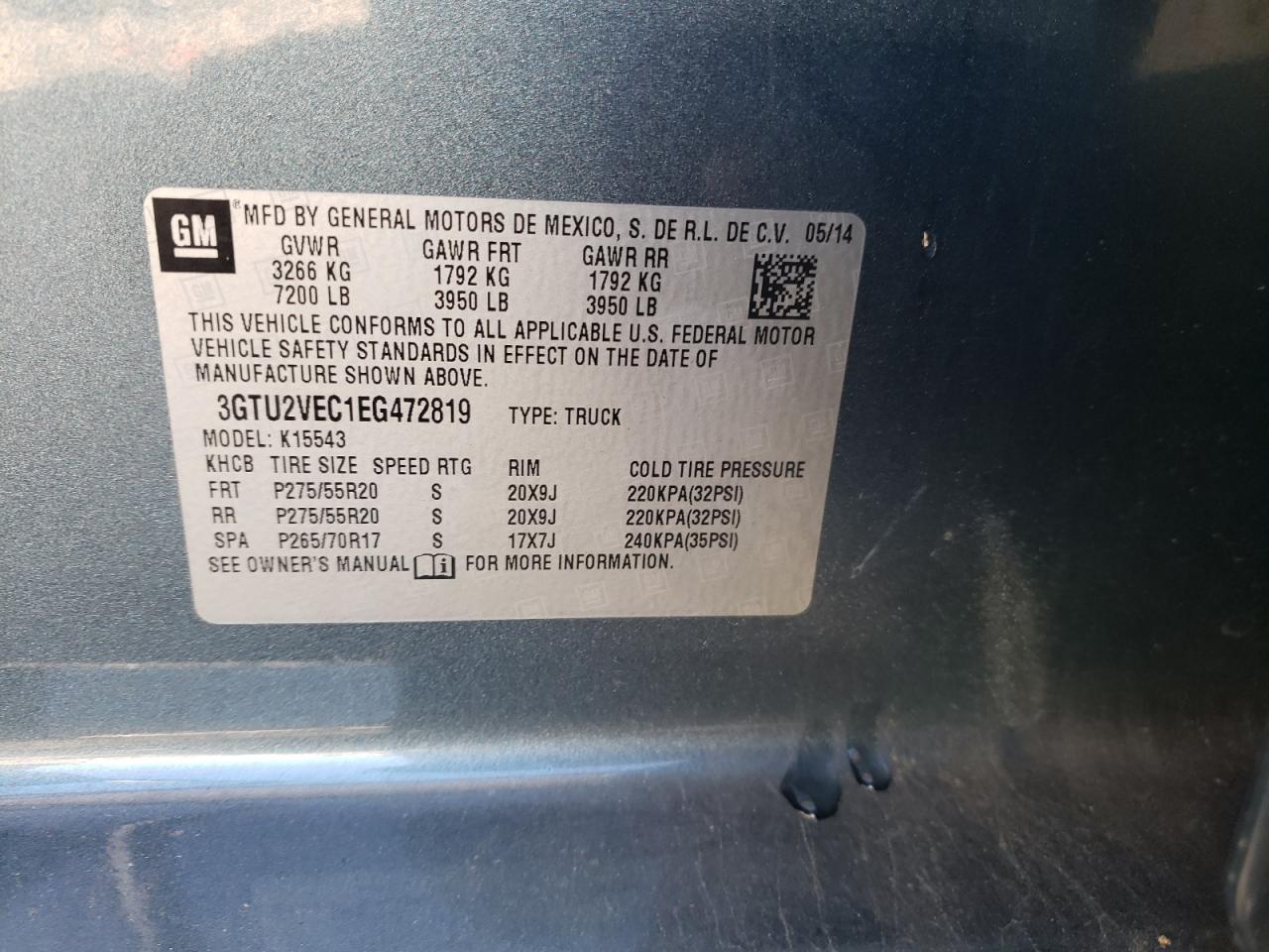 2014 GMC Sierra VIN 3GTU2VEC1EG472819 Copart auction photo, front end damage thumbnail 12