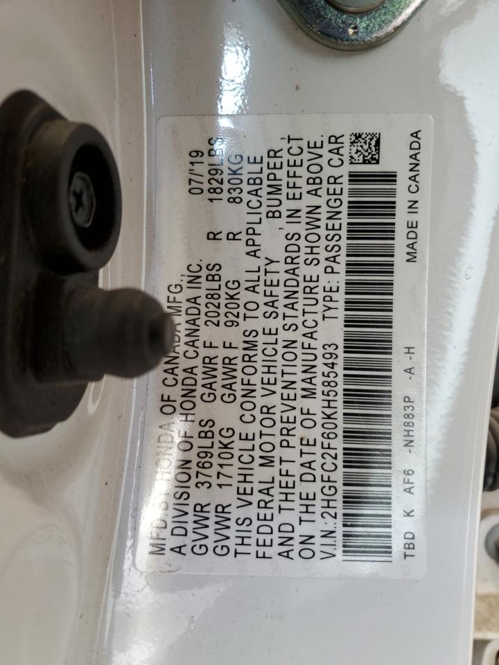 2019 Honda Civic VIN 2HGFC2F60KH585493 Copart auction photo, front end / side damage thumbnail 12