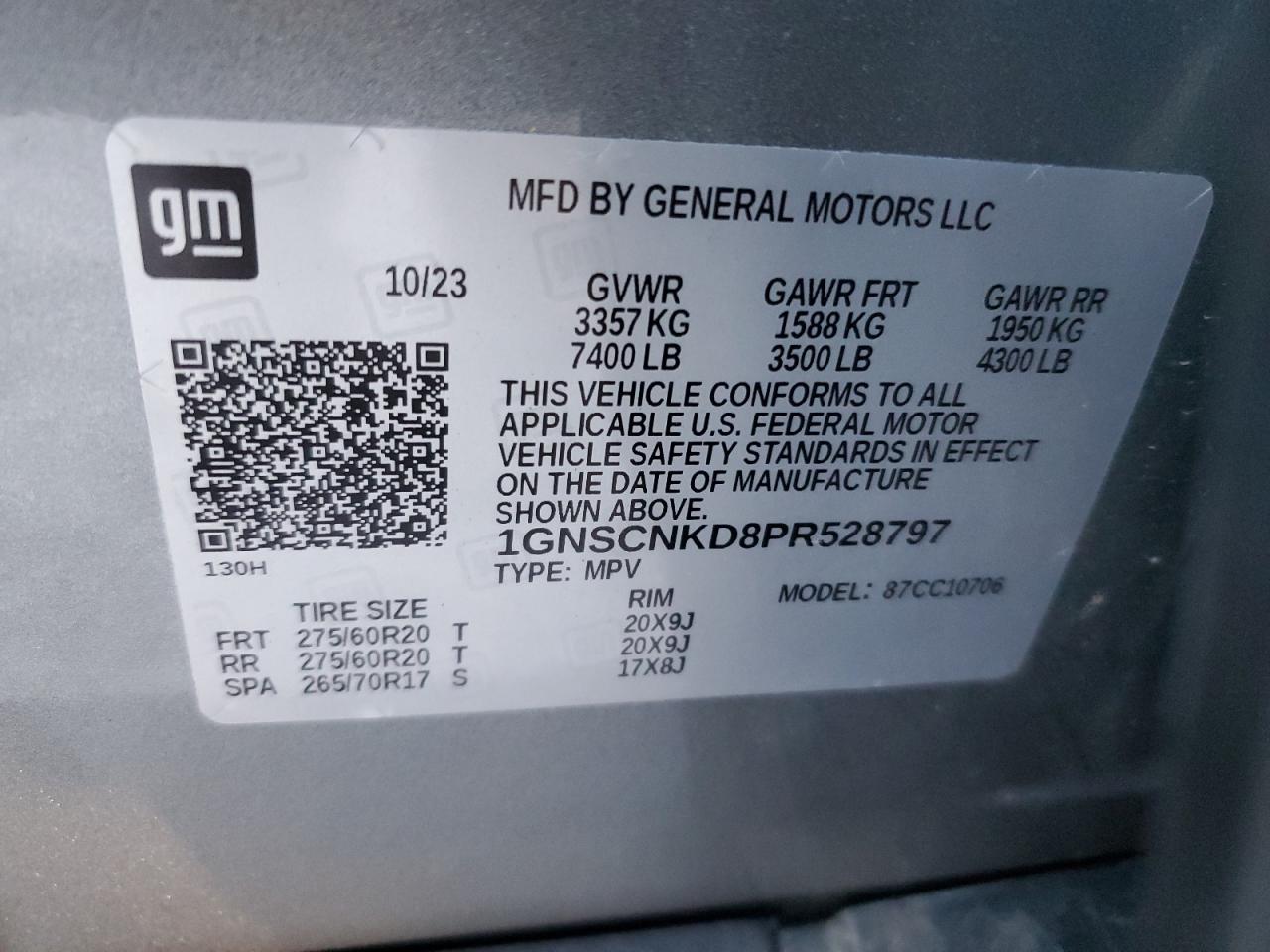 2023 Chevrolet Tahoe VIN 1GNSCNKD8PR528797 Copart auction photo, front end damage thumbnail 14