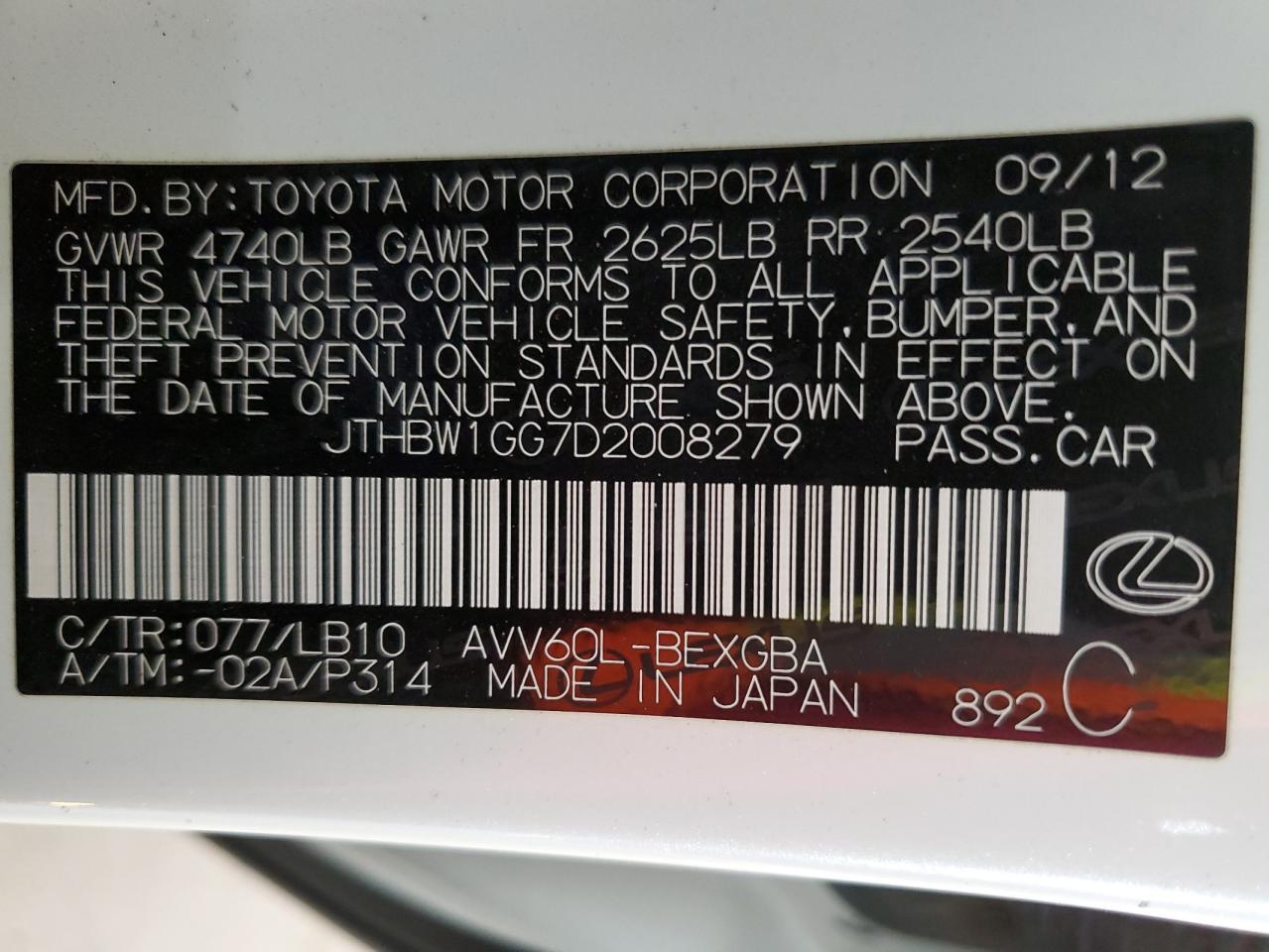 2013 Lexus ES VIN JTHBW1GG7D2008279 Copart auction photo, side damage thumbnail 14