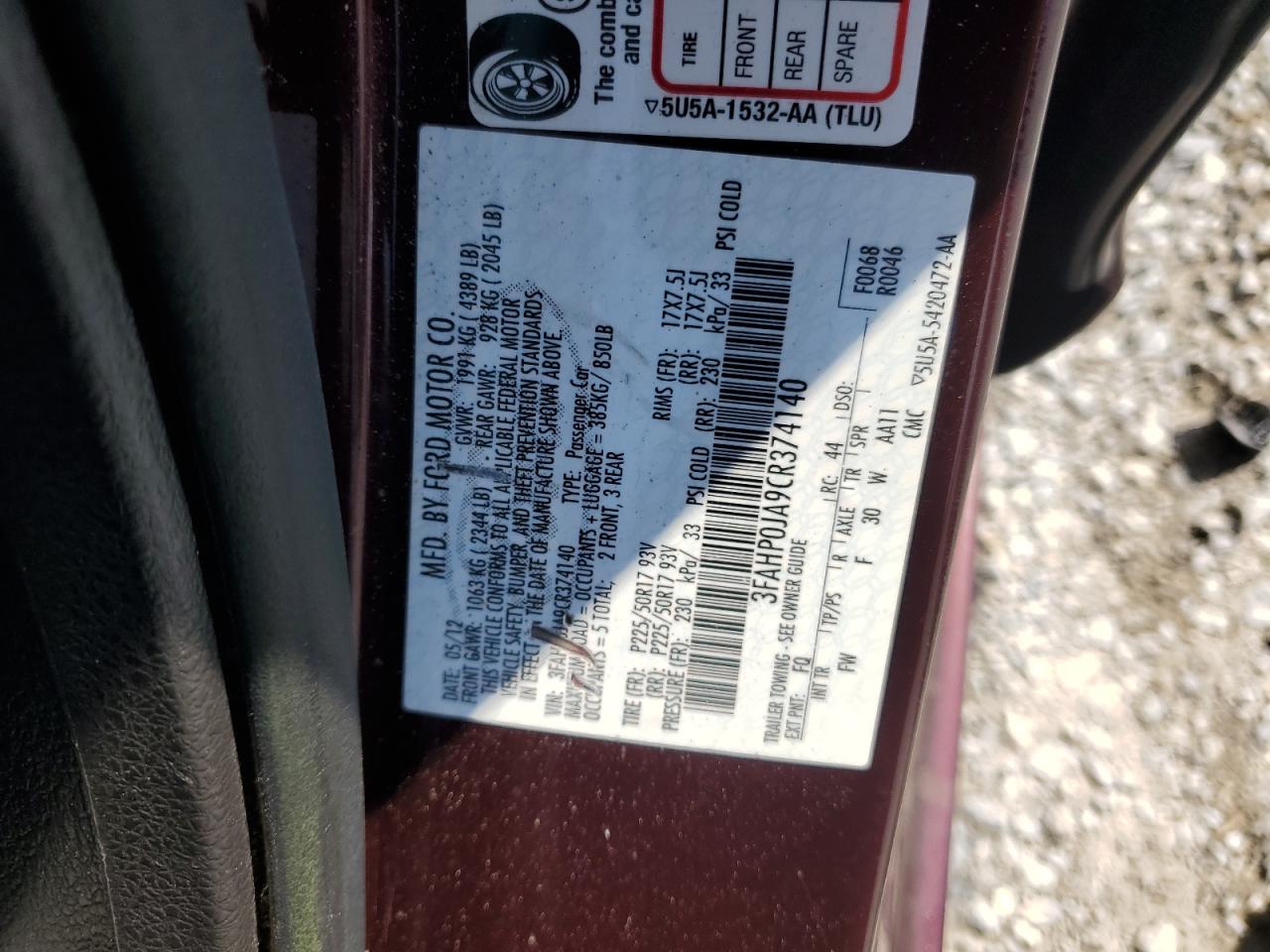 2012 Ford Fusion VIN 3FAHP0JA9CR374140 Copart auction photo, side / front end damage thumbnail 12