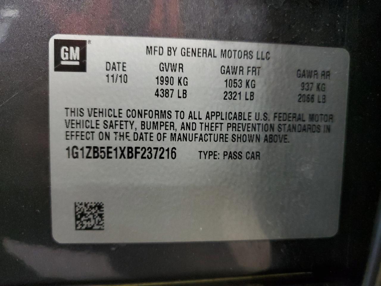 2011 Chevrolet Malibu VIN 1G1ZB5E1XBF237216 Copart auction photo, front end / stripped damage thumbnail 13