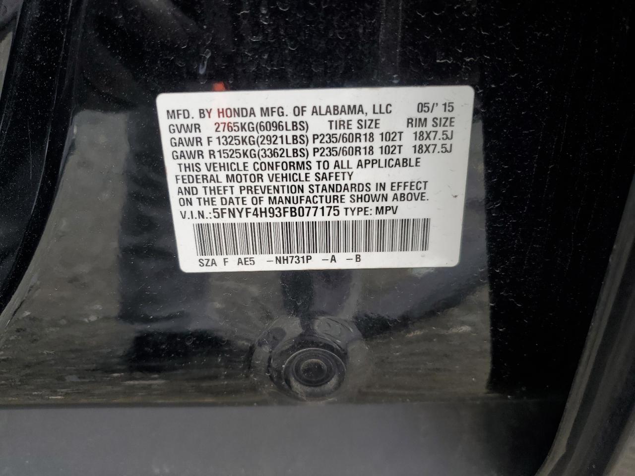 2015 Honda Pilot VIN 5FNYF4H93FB077175 Copart auction photo, side / minor dent/scratches damage thumbnail 16