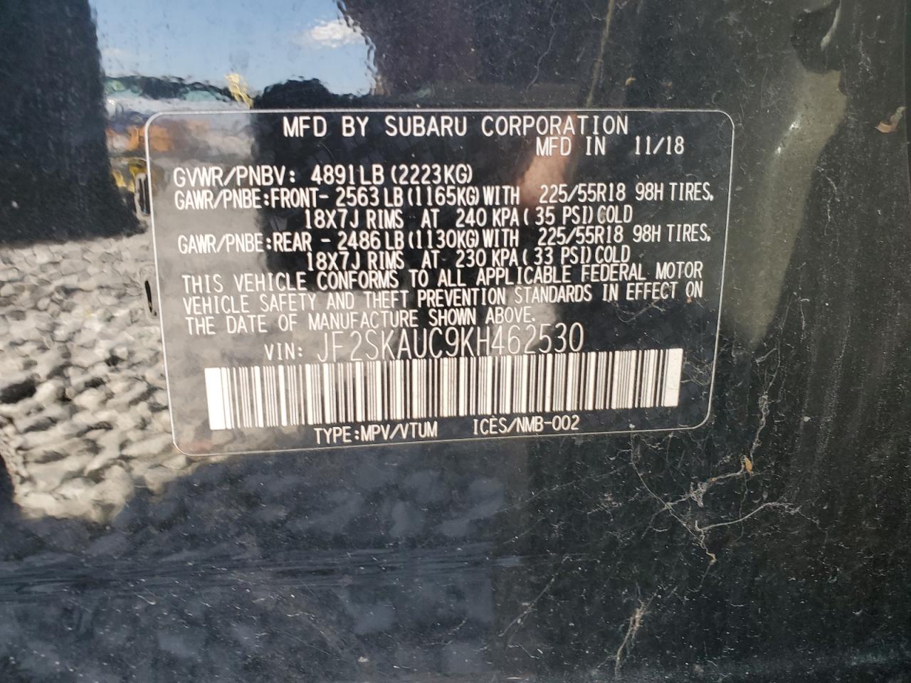 2019 Subaru Forester VIN JF2SKAUC9KH462530 Copart auction photo, hail damage thumbnail 12