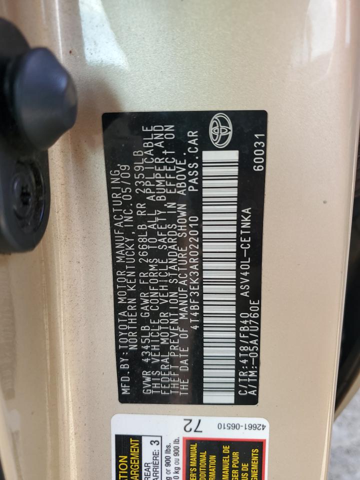 2010 Toyota Camry VIN 4T4BF3EK3AR022010 Copart auction photo, rear end / front end damage thumbnail 12